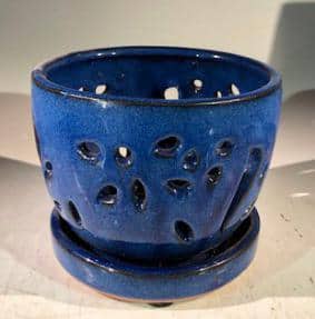 Blue Ceramic Orchid Pot Round with Attached Humidity Drip Tray