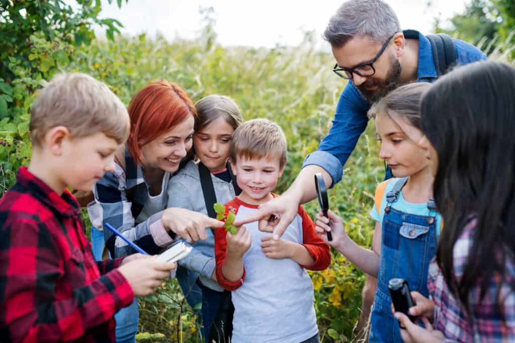 A group of small school children with teacher on field trip in nature, learning science.