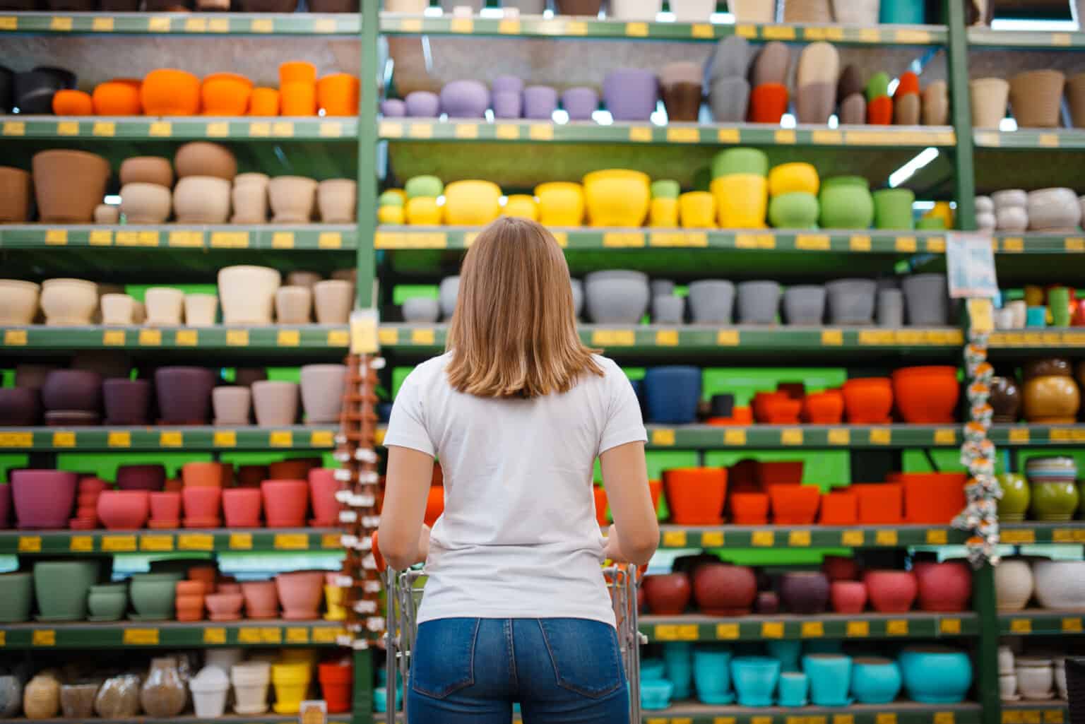 Female Selecting Pots For Artificial Plants