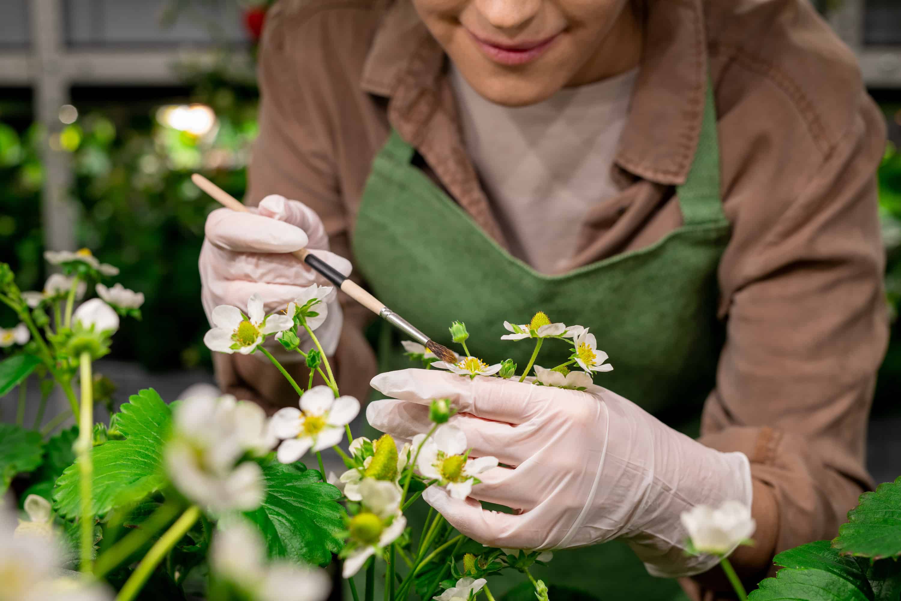 The Benefits Of Artificial Plants Have-Gloved hands of vertical farm worker using brush while holding strawberry blossom during artificial pollination of neighboring Seedlings