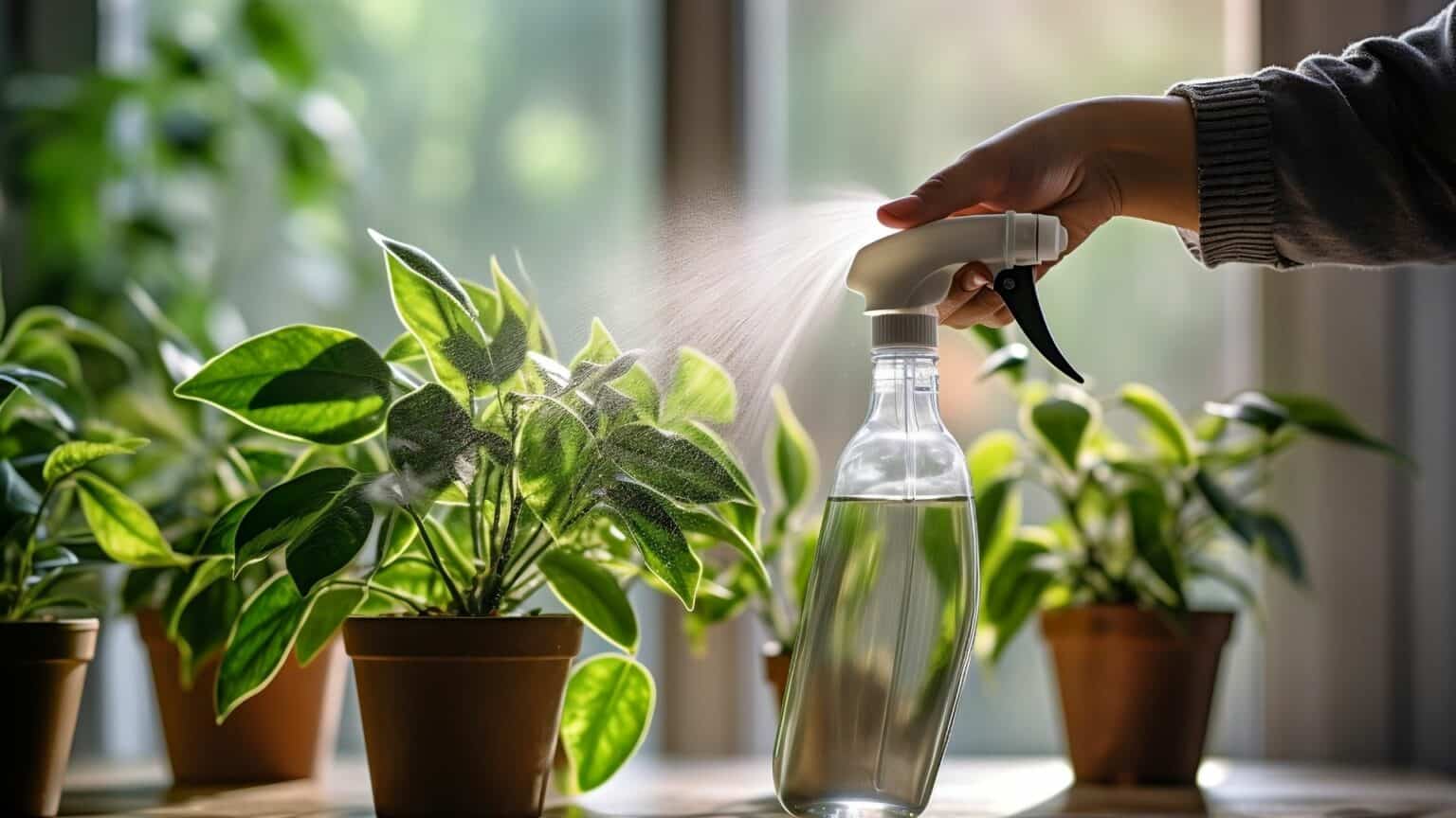 A spray bottle on top of a table next to potted plants