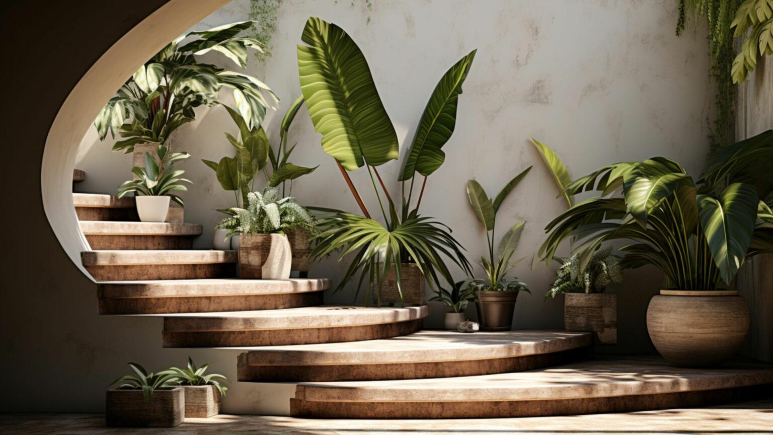 Artificial Plants On Stairway