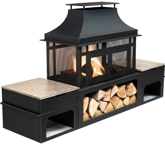 Deko Living 80 in. Rectangular Outdoor Steel Woodburning Fireplace with Log Storage Compartment & Side Tables