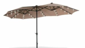 Summit Living 15 Ft Double-Sided Solar Patio Umbrella with Base Large Outdoor Umbrella with LED Lights Beige