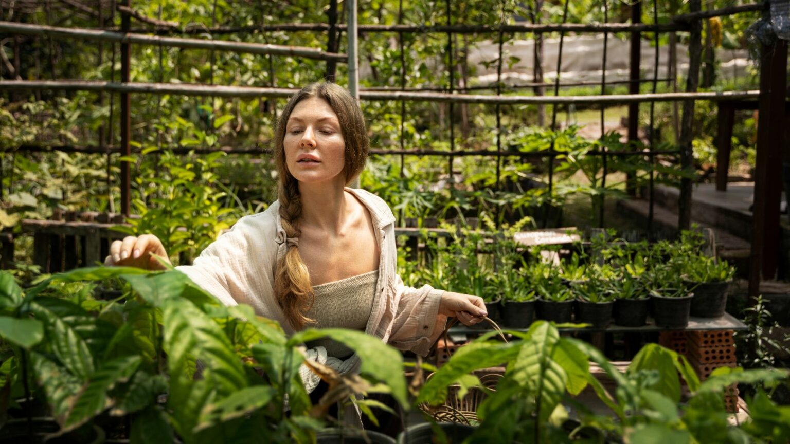 Young Woman Tending To Many Indoor Plants