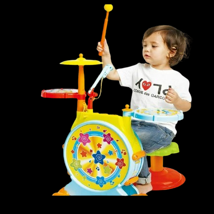 Prextex Kids Drum Set with Working Microphone, Lights, Adjustable Sound, Bass Drum, Pedal, Drum Sticks, and Little Chair for Babies Toddlers and Kids