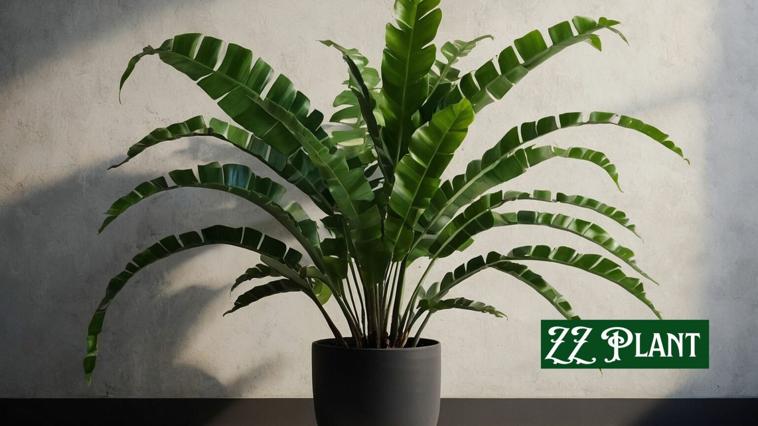 White wall with a ZZ plant in a decorative pot